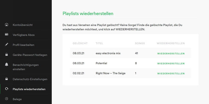gelöschte Playlists wiederherstellen