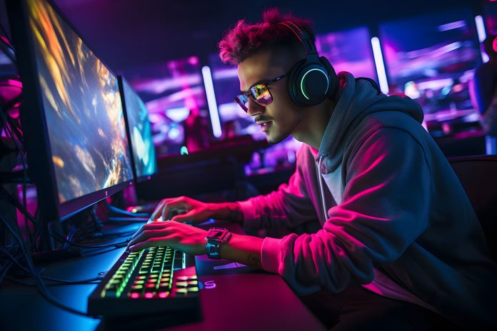 Twitch Emotes erstellen - Streamer sitzt mit der Seite zur Kamera und zockt gerade live auf Twitch