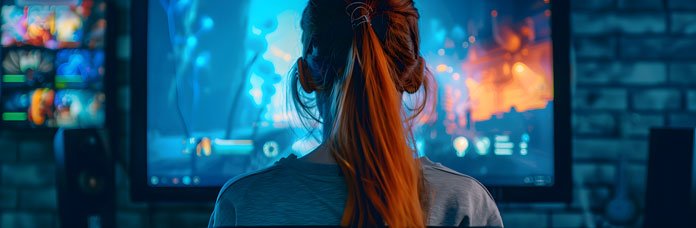 Twitch Emotes erstellen - Streamerin sitzt mit dem Rücken zur Kamera und zockt ein Game auf Twitch