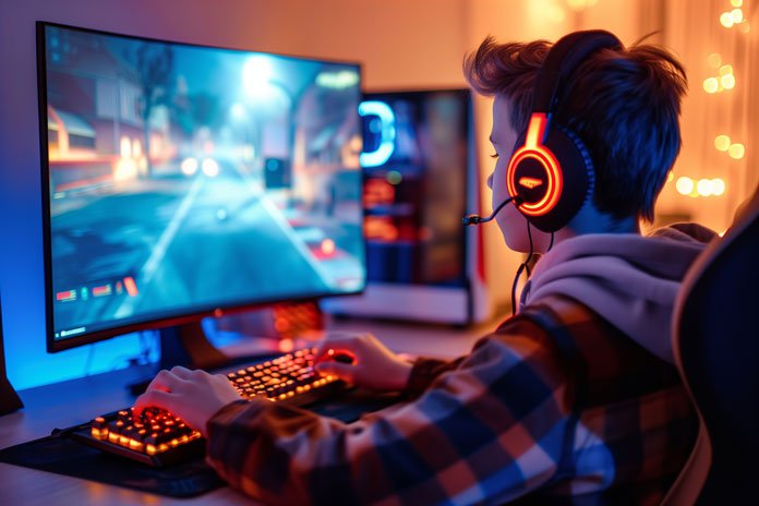 Cloud Gaming - Junge sitzt zu Hause und zockt an seinem Rechner via Cloud Gaming