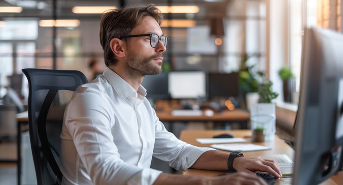 Samsung Magician: Die 5 absolut wichtigsten Punkte 8 Samsung Magician - Mann sitzt im Büro an seinem Rechner und richtet sich seine Software ein.