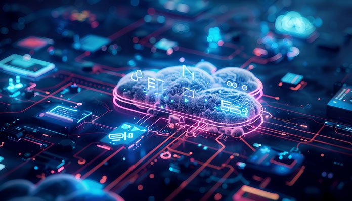 Cloud Gaming - Digitale Grafik, die aussieht wie eine Wolke auf einer Festplatte in futuristischem Stil