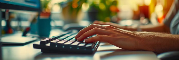 Windows 10 Media Creation Tool - Mann arbeitet an einem Windows 10 Rechner und tippt auf seiner Tastatur