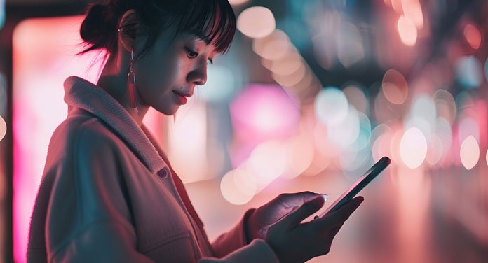 Frau verwendet Google Chrome auf ihrem Smartphone auf der Straße