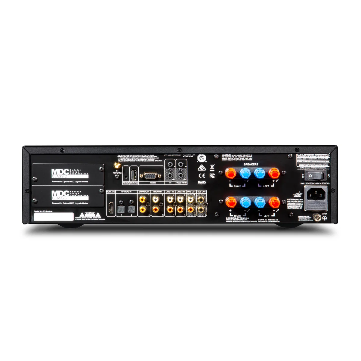 NAD C 399 mit BluOS-D: Stereo, Streaming und Dirac in einer Anlage 7 Rückseite des NAD C 399 mit HDMI eARC, Phono- und Digitaleingängen